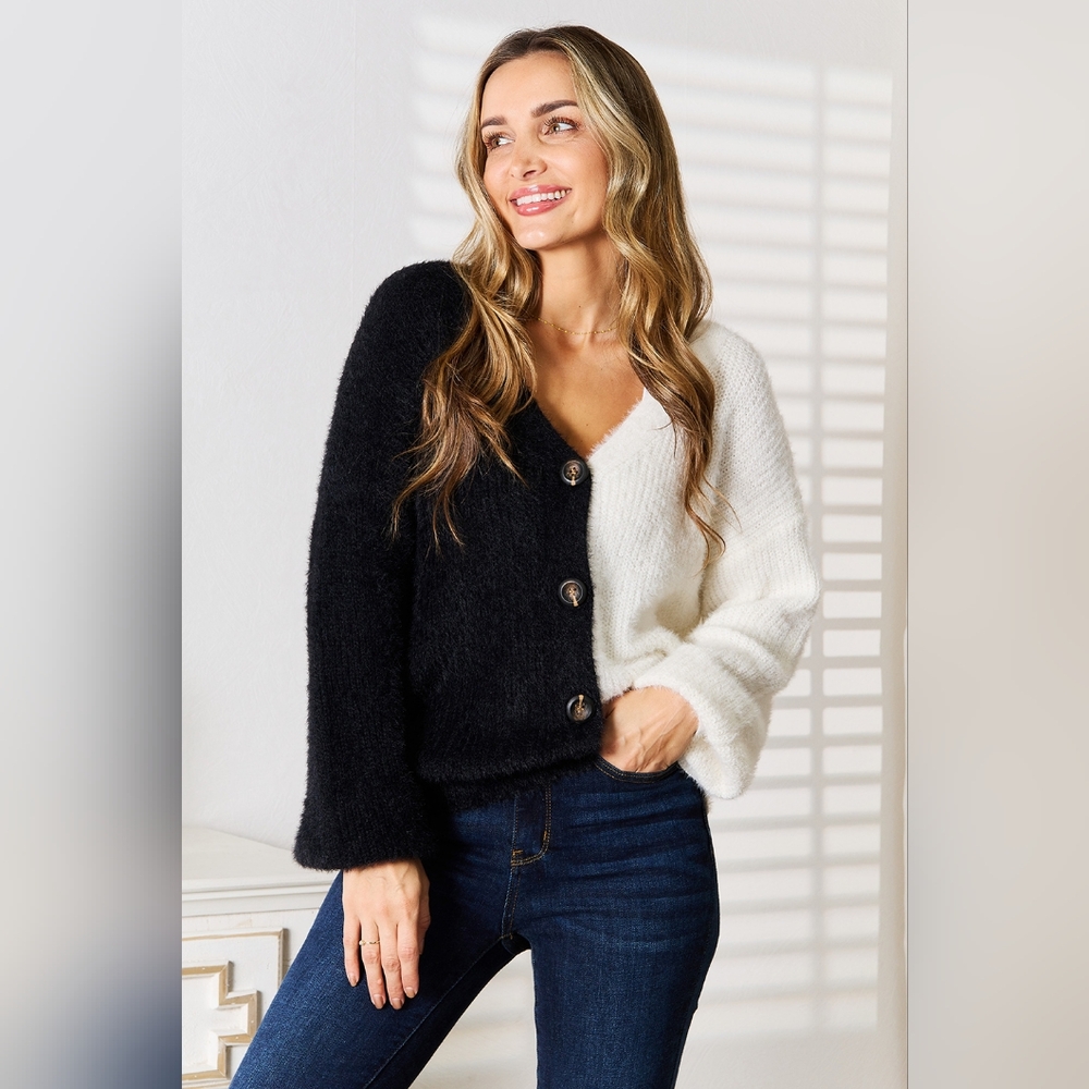 Angel Wings Woven Right Contrast Button-Front V-Neck Cardigan
